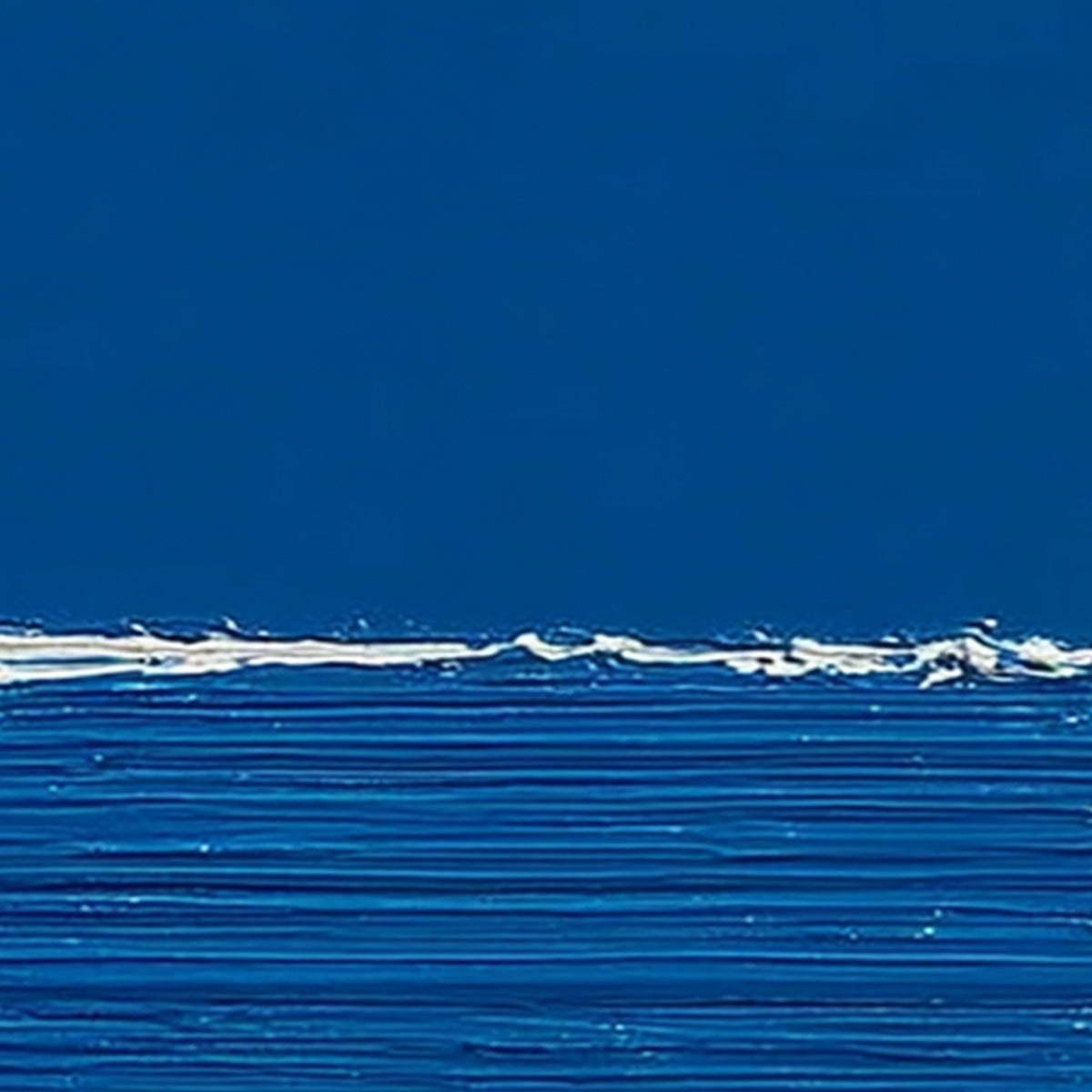 AZURE CREST minimalist abstract impasto oil painting, textured white wave crest on deep blue sea.