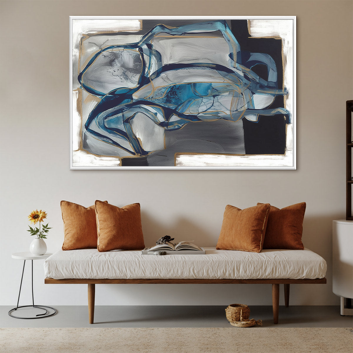 AZURE DEPTHS: Abstract Blue and Gold Oil Painting