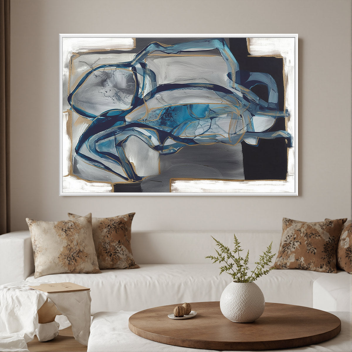 AZURE DEPTHS: Abstract Blue and Gold Oil Painting