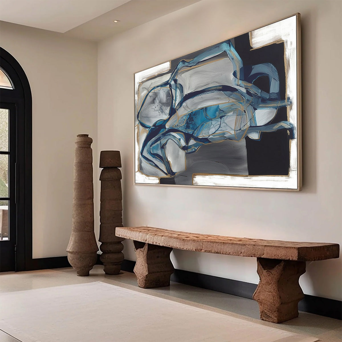 AZURE DEPTHS: Abstract Blue and Gold Oil Painting