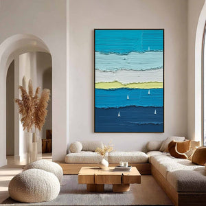 AZURE REGATTA textured modern abstract seascape oil painting with sailboats