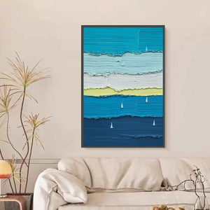Original handmade textured seascape oil painting with sailboats, modern wall art.