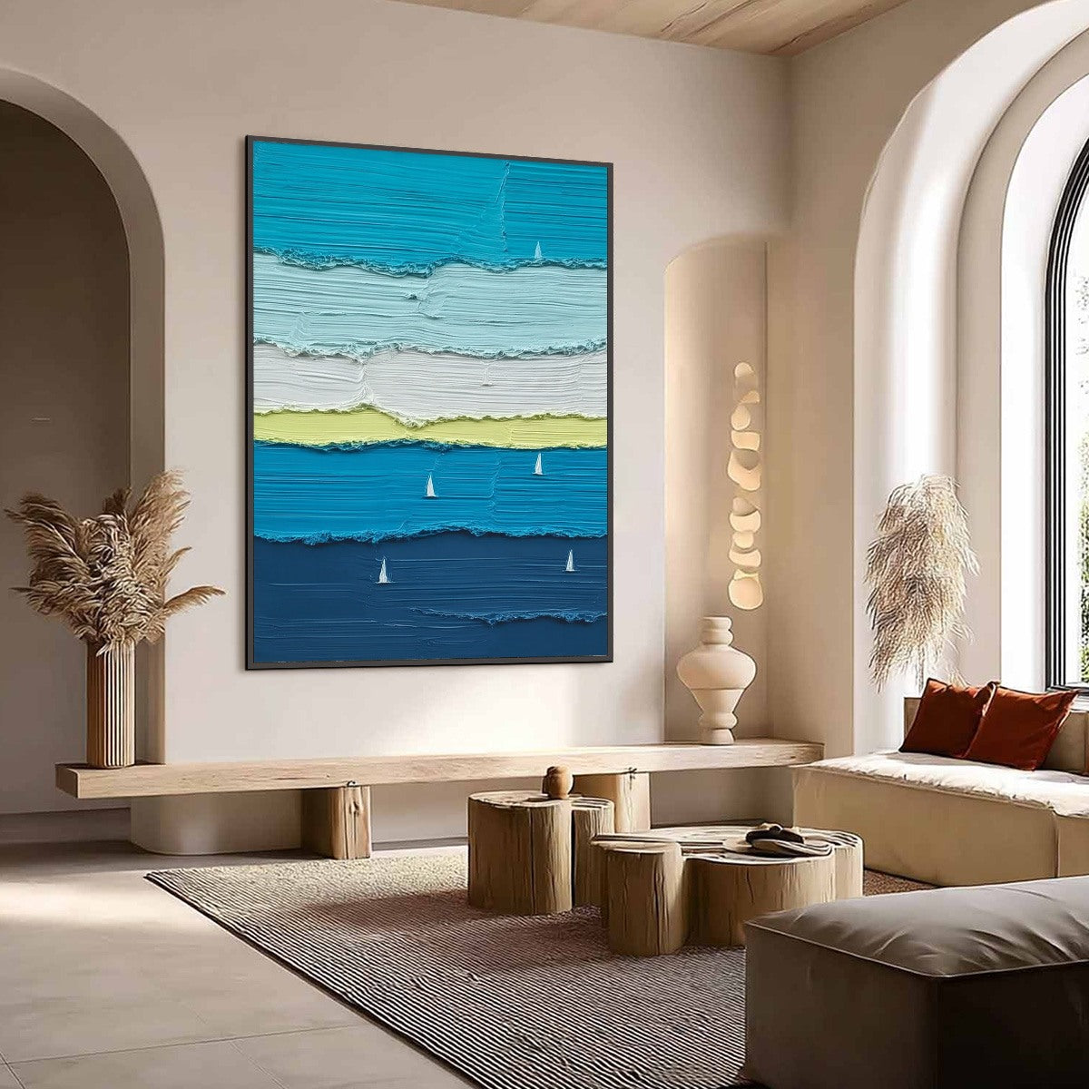 AZURE REGATTA original textured vertical seascape painting with sailboats. Abstract impasto blues.