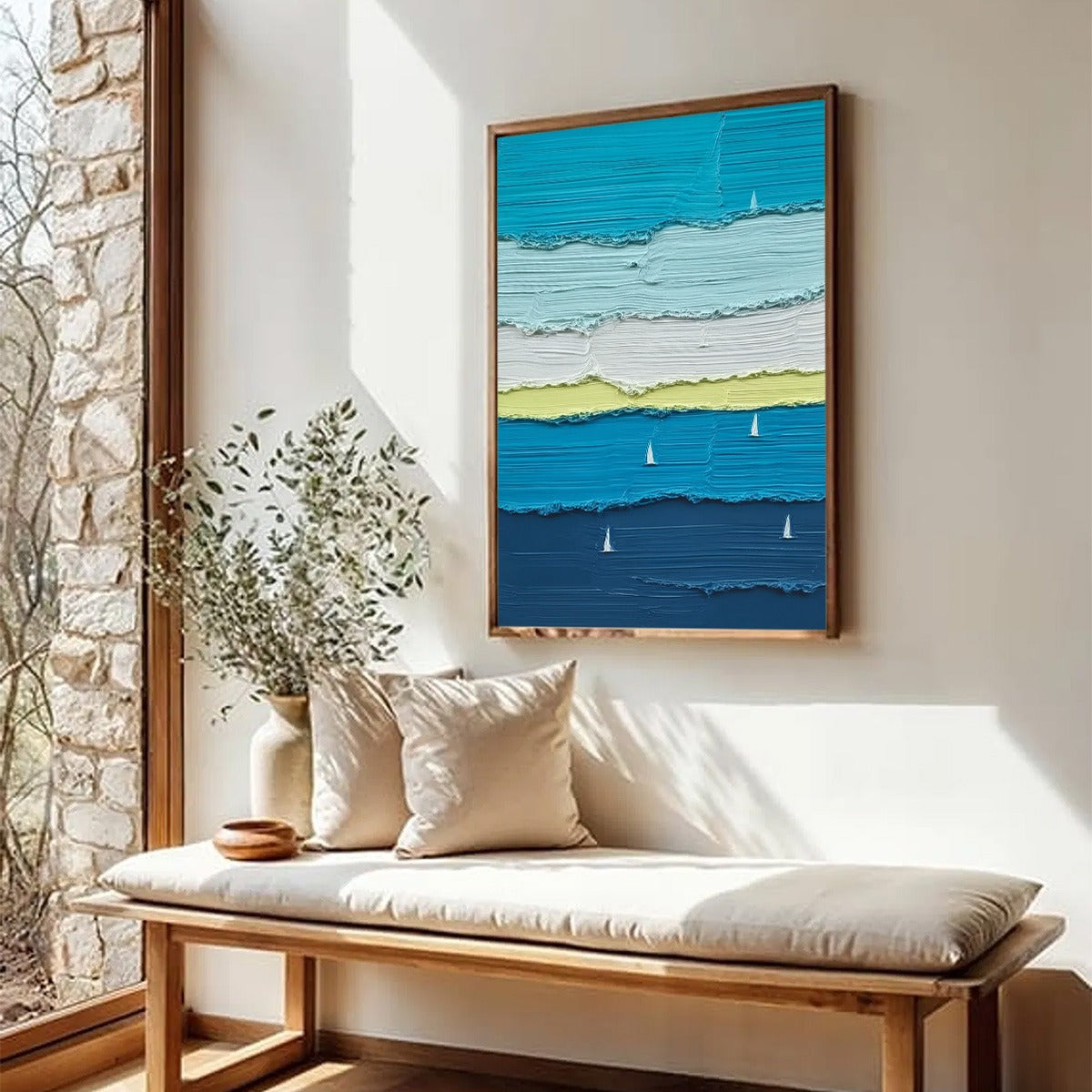 AZURE REGATTA abstract textured impasto seascape painting with sailboats. Modern wall art.