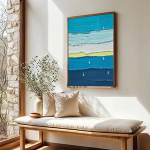 AZURE REGATTA abstract textured impasto seascape painting with sailboats. Modern wall art.