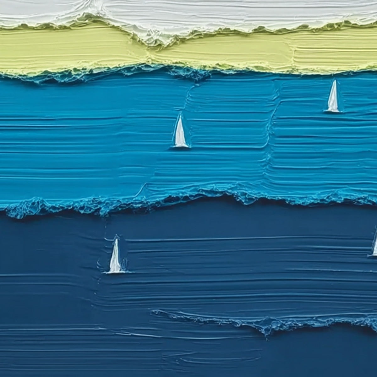 AZURE REGATTA: Textured impasto oil painting, vertical seascape with sailboats.