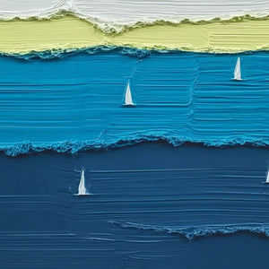 AZURE REGATTA: Textured impasto oil painting, vertical seascape with sailboats.