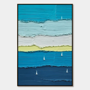 Original handmade impasto painting: textured seascape with sailboats, modern wall art.