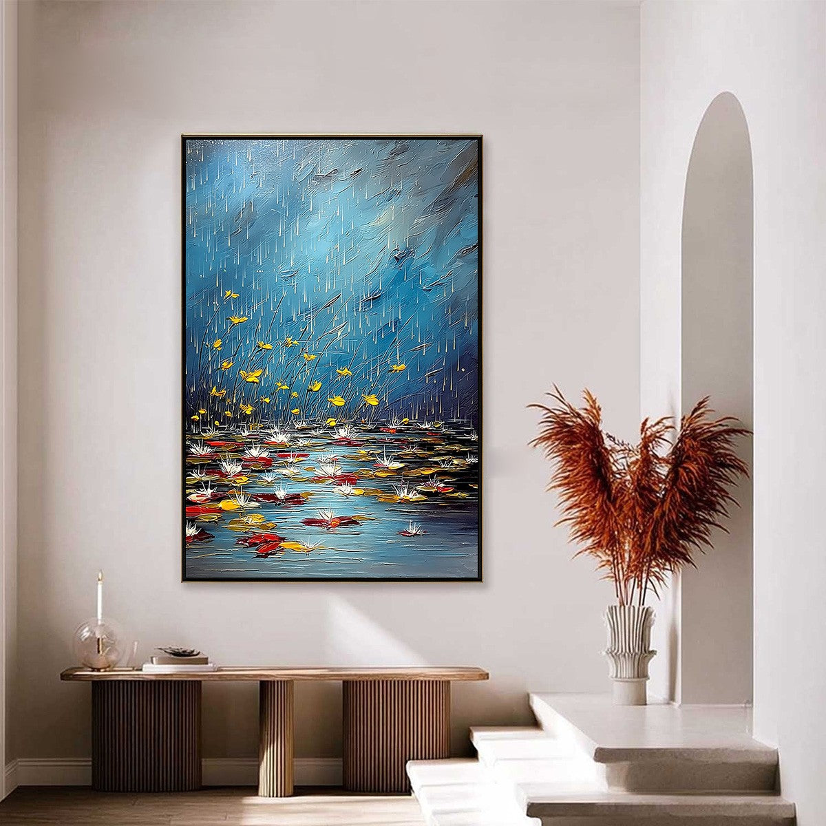 AZURE REVERIE: Textured Impasto Painting of a Lily Pond in the Rain