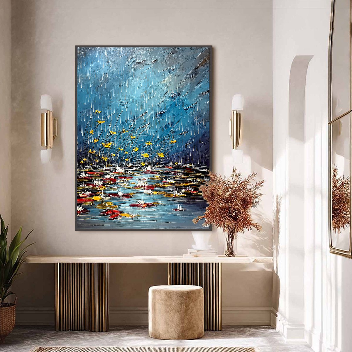 AZURE REVERIE: Textured Impasto Painting of a Lily Pond in the Rain