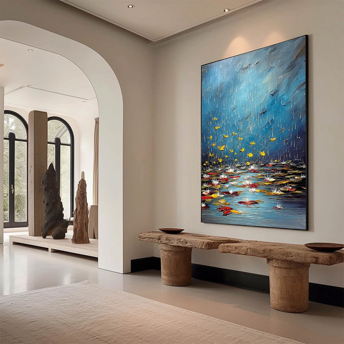 AZURE REVERIE: Textured Impasto Painting of a Lily Pond in the Rain