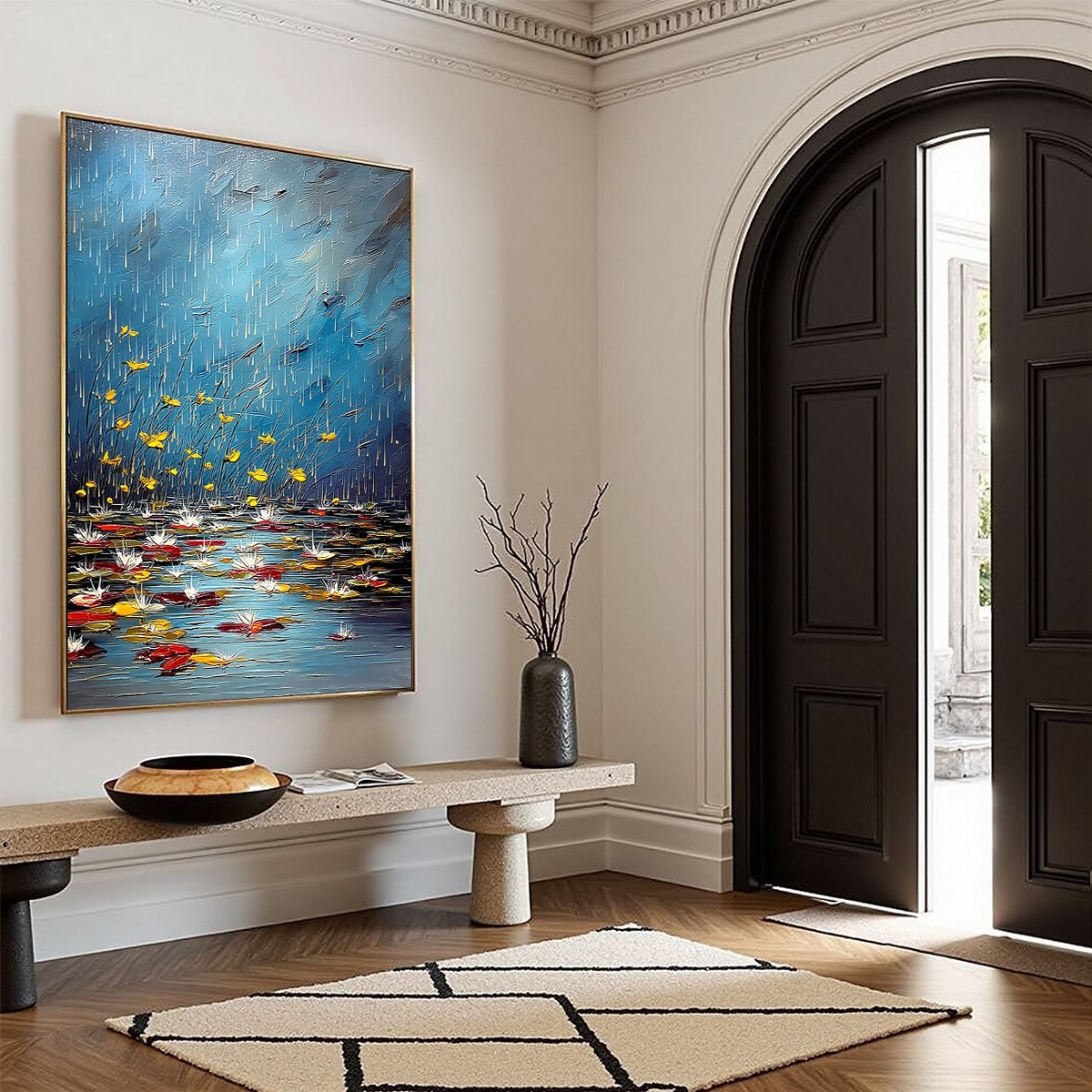 AZURE REVERIE: Textured Impasto Painting of a Lily Pond in the Rain