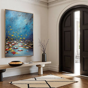 AZURE REVERIE: Textured Impasto Painting of a Lily Pond in the Rain