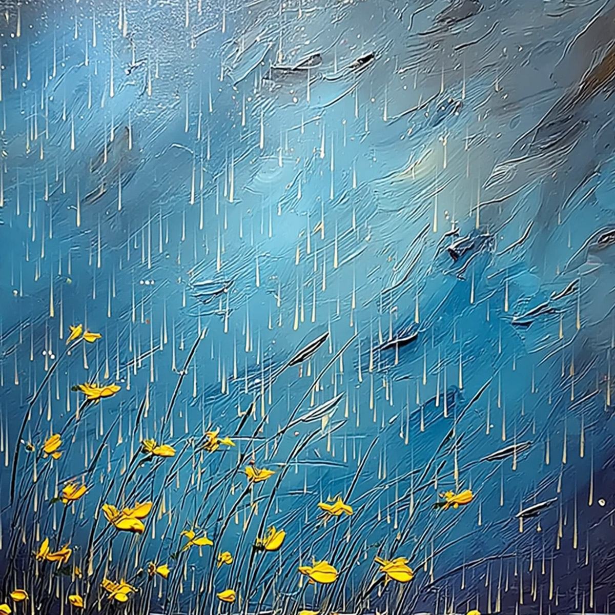 AZURE REVERIE: Textured Impasto Painting of a Lily Pond in the Rain