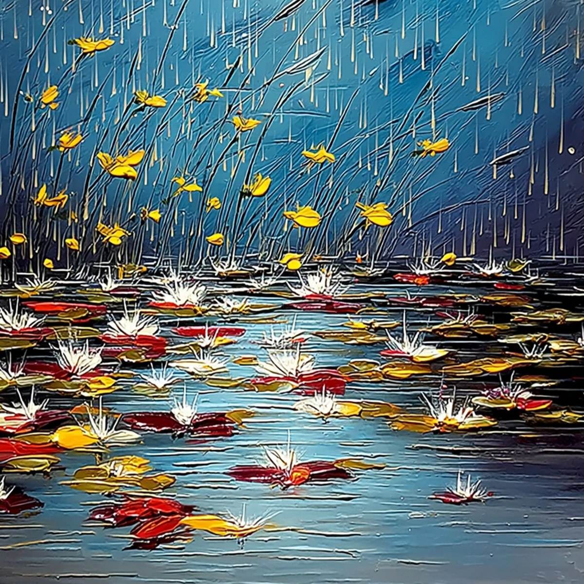 AZURE REVERIE: Textured Impasto Painting of a Lily Pond in the Rain