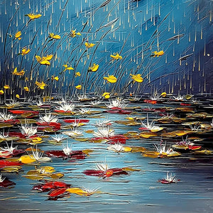 AZURE REVERIE: Textured Impasto Painting of a Lily Pond in the Rain