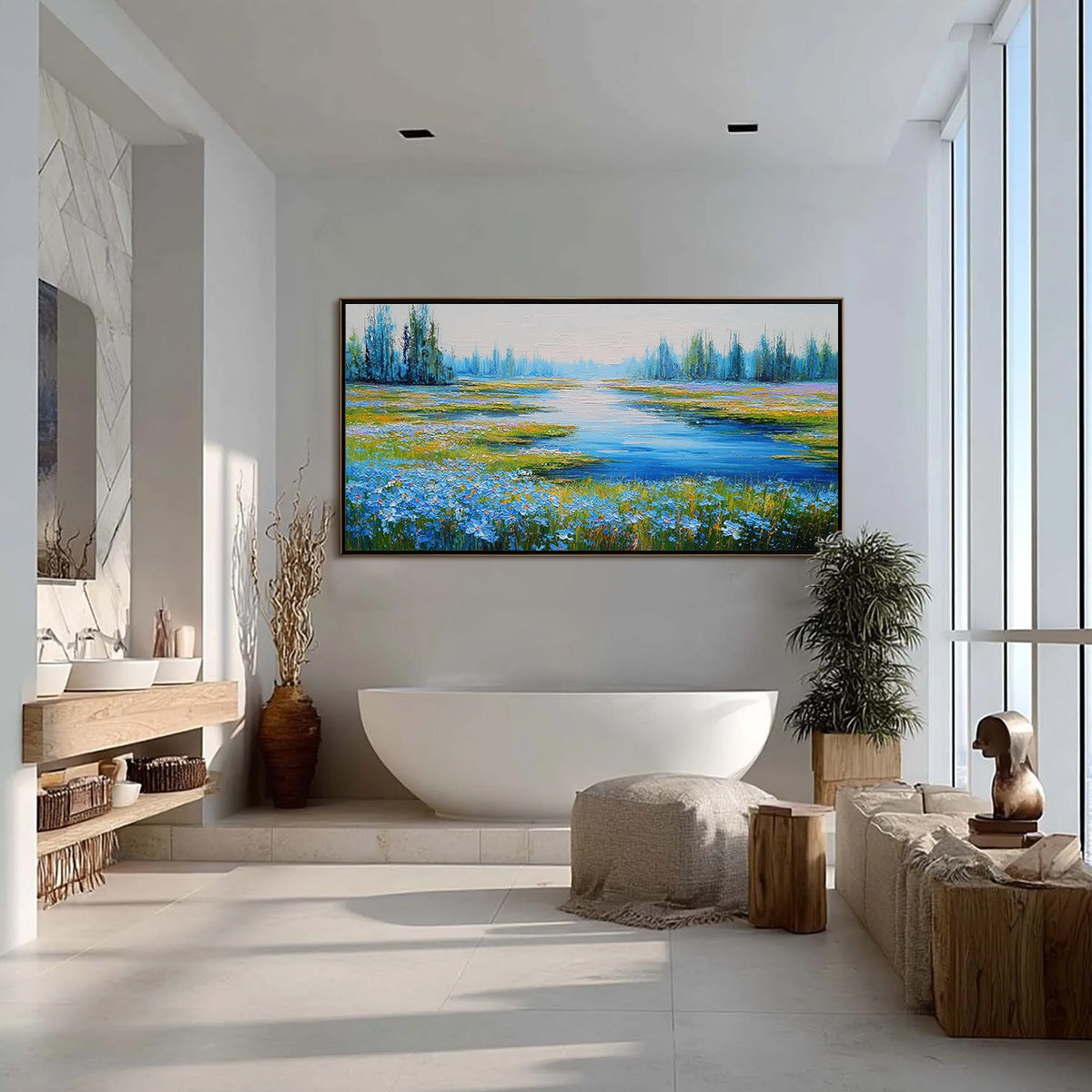 AZURE REVERIE: Textured Palette Knife Painting of a Serene Lakeside Meadow