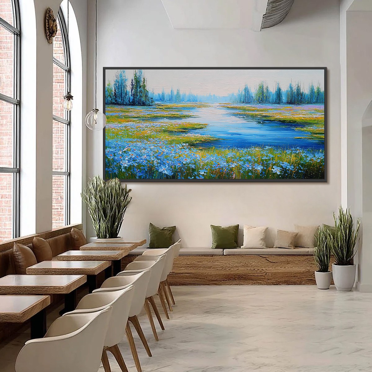 AZURE REVERIE: Textured Palette Knife Painting of a Serene Lakeside Meadow