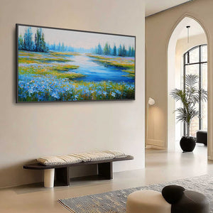 AZURE REVERIE: Textured Palette Knife Painting of a Serene Lakeside Meadow