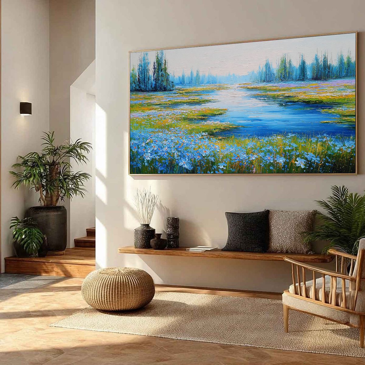 AZURE REVERIE: Textured Palette Knife Painting of a Serene Lakeside Meadow