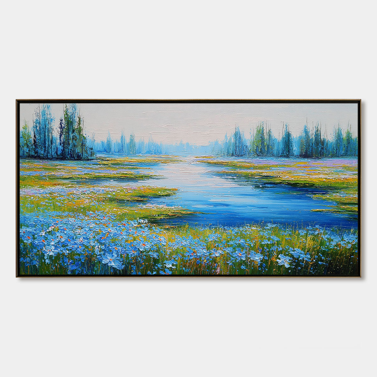 AZURE REVERIE: Textured Palette Knife Painting of a Serene Lakeside Meadow