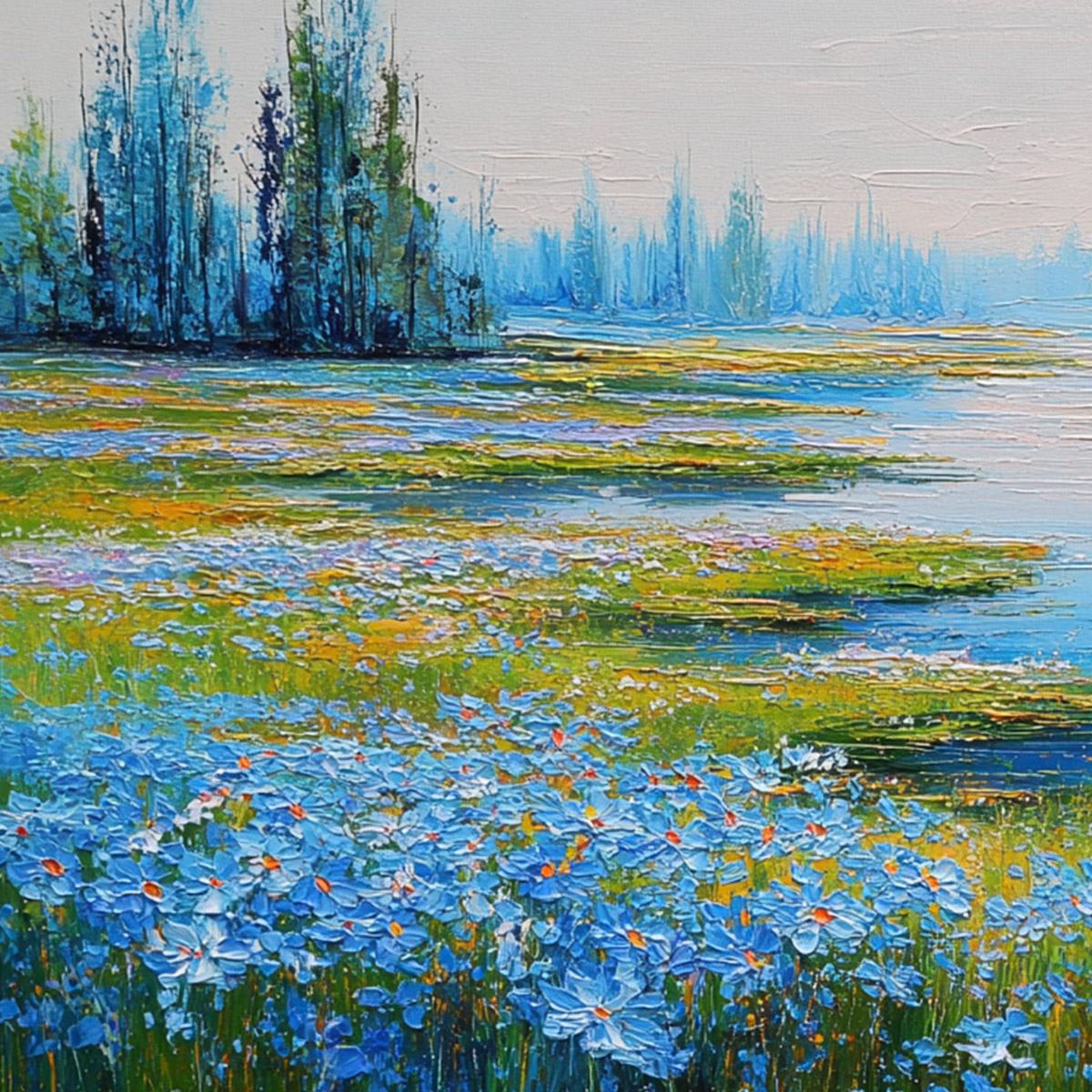 AZURE REVERIE: Textured Palette Knife Painting of a Serene Lakeside Meadow