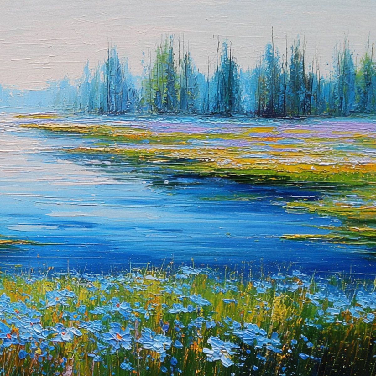 AZURE REVERIE: Textured Palette Knife Painting of a Serene Lakeside Meadow