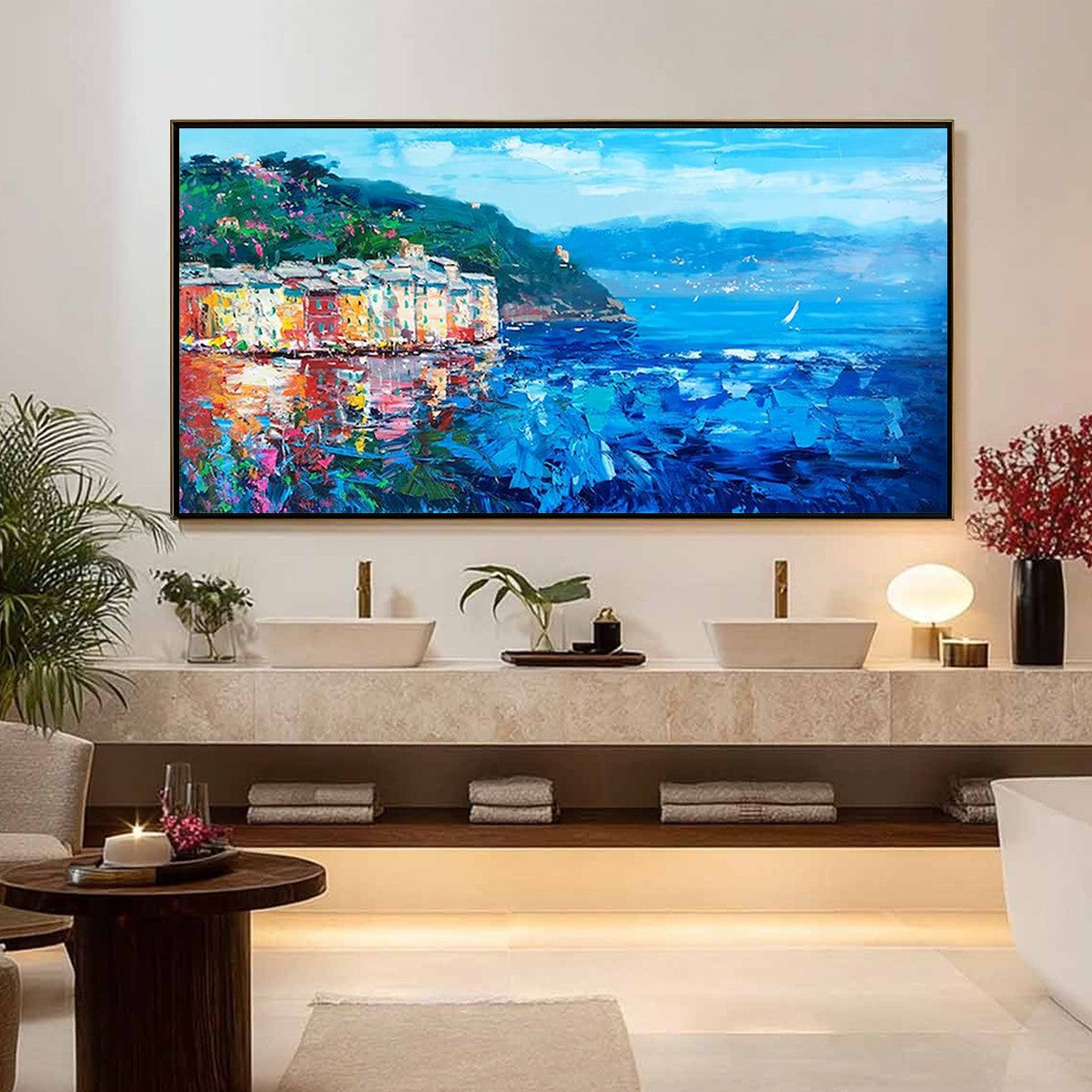 AZURE RIVIERA: Palette Knife Coastal Seascape Oil Painting