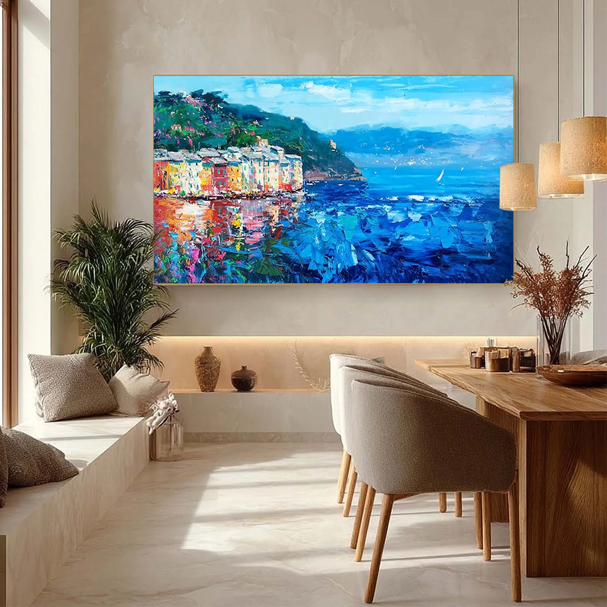 AZURE RIVIERA: Palette Knife Coastal Seascape Oil Painting
