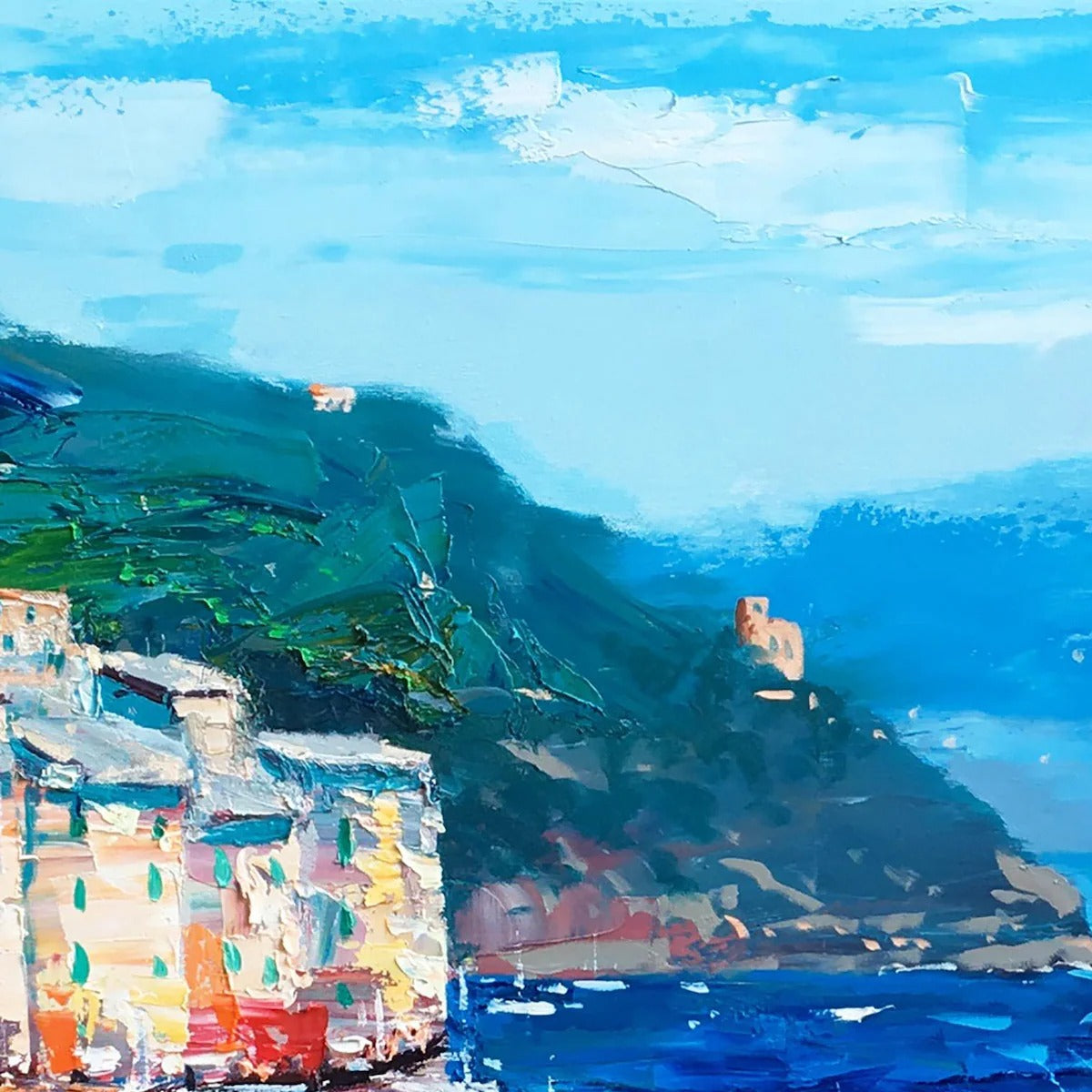 AZURE RIVIERA: Palette Knife Coastal Seascape Oil Painting