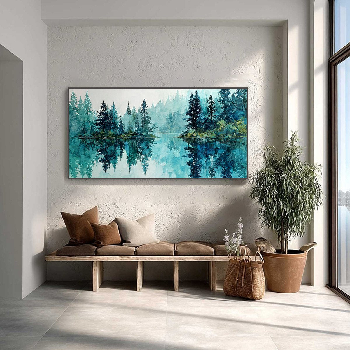 AZURE SANCTUARY: Horizontal Forest Lake Reflection Landscape Painting