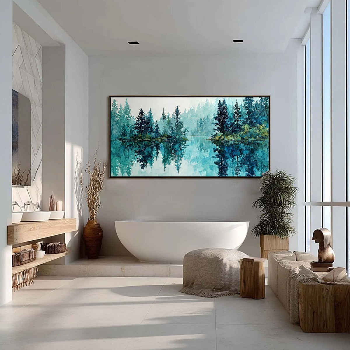 AZURE SANCTUARY: Horizontal Forest Lake Reflection Landscape Painting