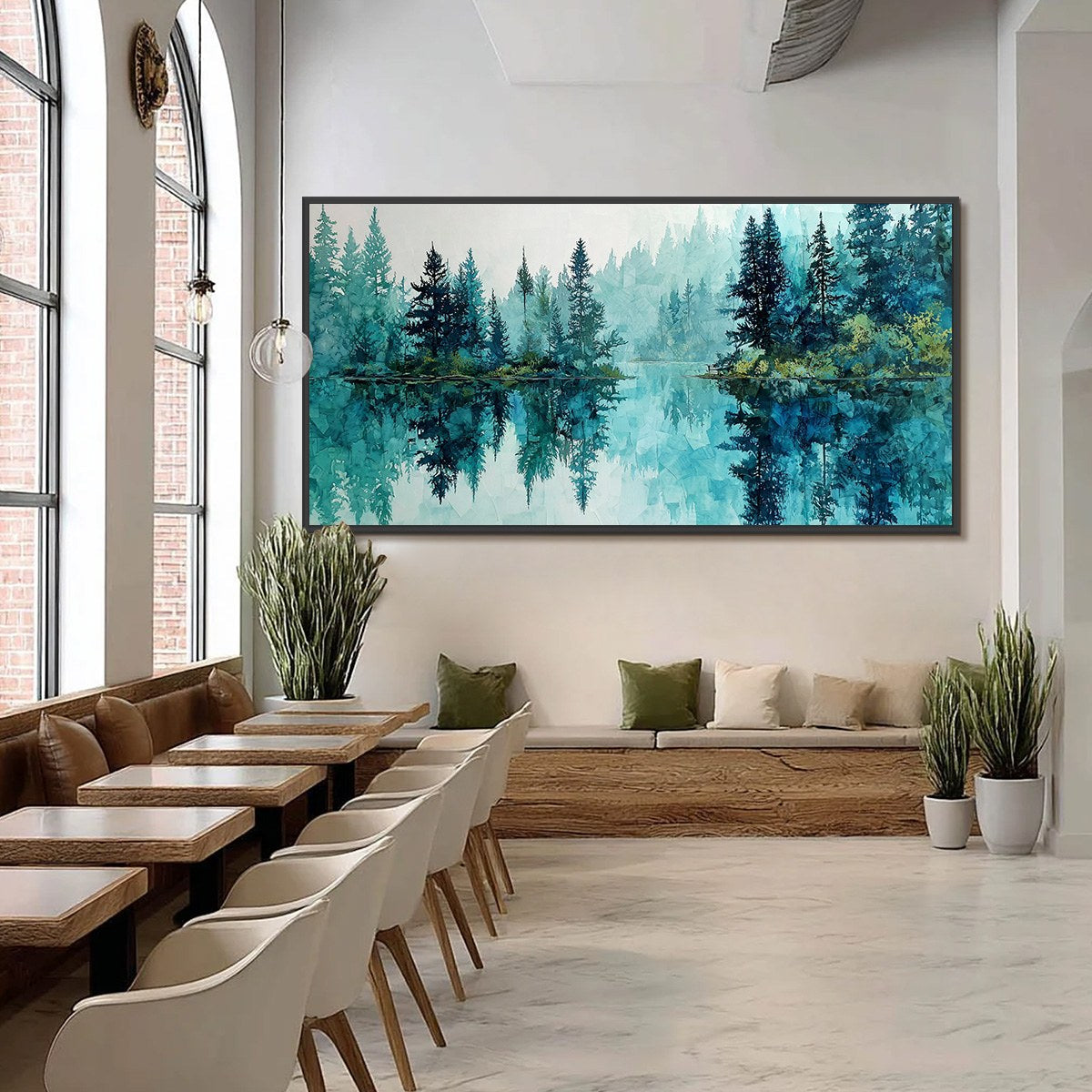 AZURE SANCTUARY: Horizontal Forest Lake Reflection Landscape Painting