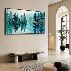 AZURE SANCTUARY: Horizontal Forest Lake Reflection Landscape Painting