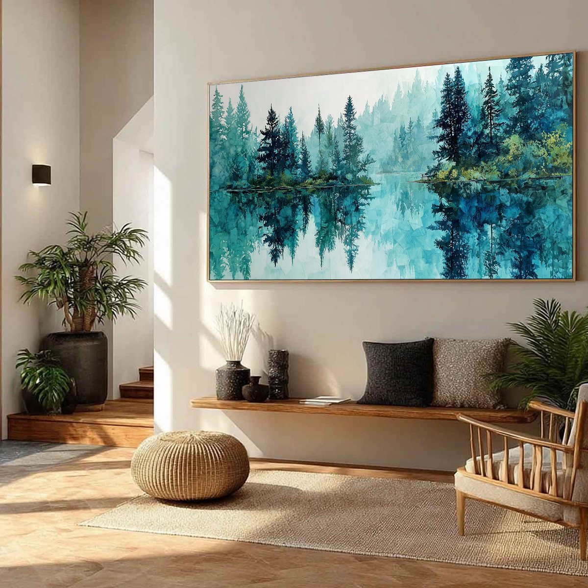 AZURE SANCTUARY: Horizontal Forest Lake Reflection Landscape Painting