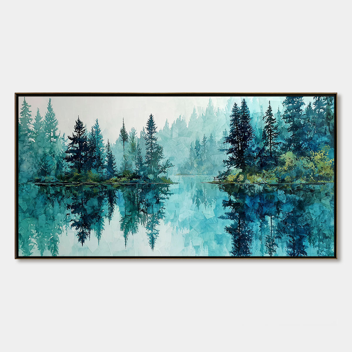 AZURE SANCTUARY: Horizontal Forest Lake Reflection Landscape Painting