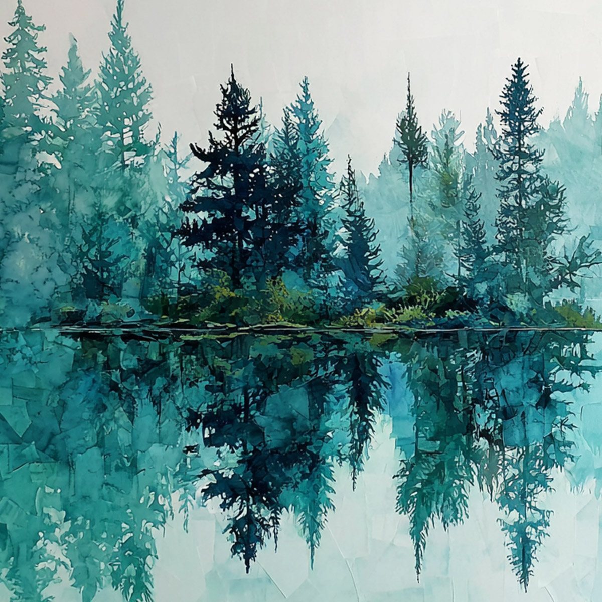 AZURE SANCTUARY: Horizontal Forest Lake Reflection Landscape Painting
