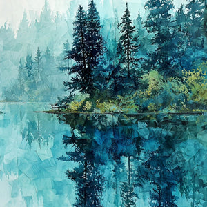 AZURE SANCTUARY: Horizontal Forest Lake Reflection Landscape Painting