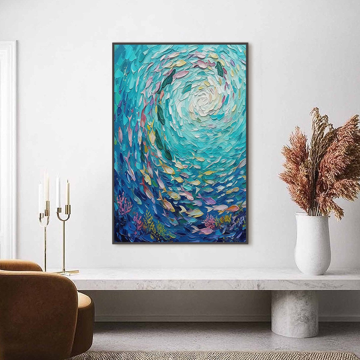 AZURE WHIRLPOOL: Textured Impasto Painting of a Vibrant Fish School