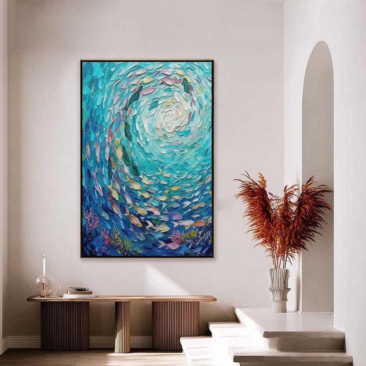 AZURE WHIRLPOOL: Textured Impasto Painting of a Vibrant Fish School