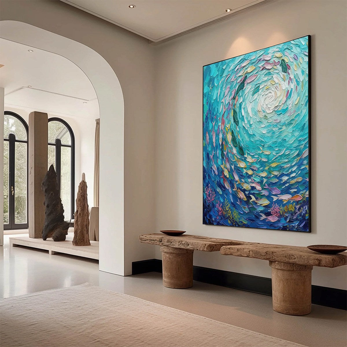 AZURE WHIRLPOOL: Textured Impasto Painting of a Vibrant Fish School