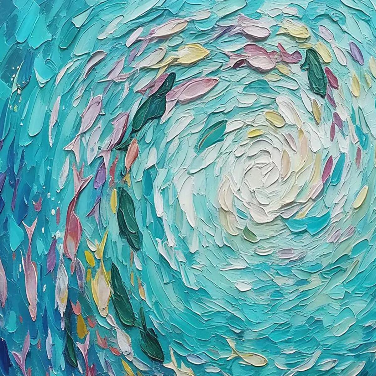 AZURE WHIRLPOOL: Textured Impasto Painting of a Vibrant Fish School