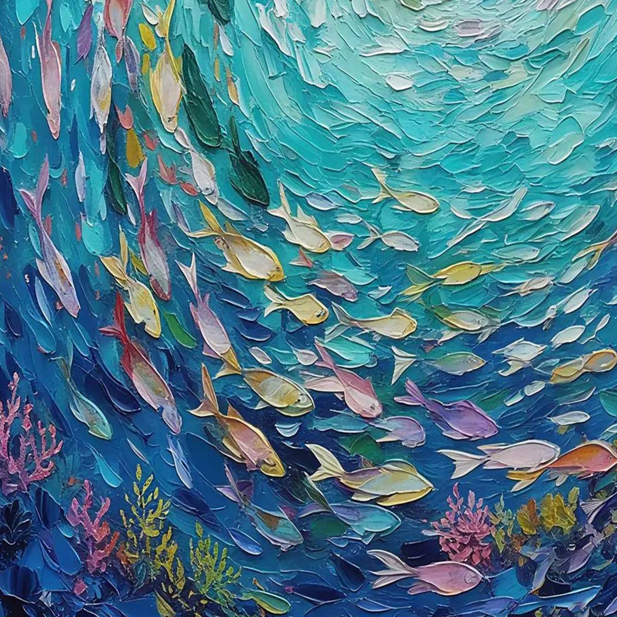 AZURE WHIRLPOOL: Textured Impasto Painting of a Vibrant Fish School