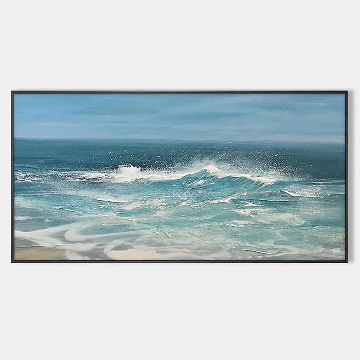 Azure Crests panoramic seascape painting of a crashing ocean wave with white spray, blue water, and sky.