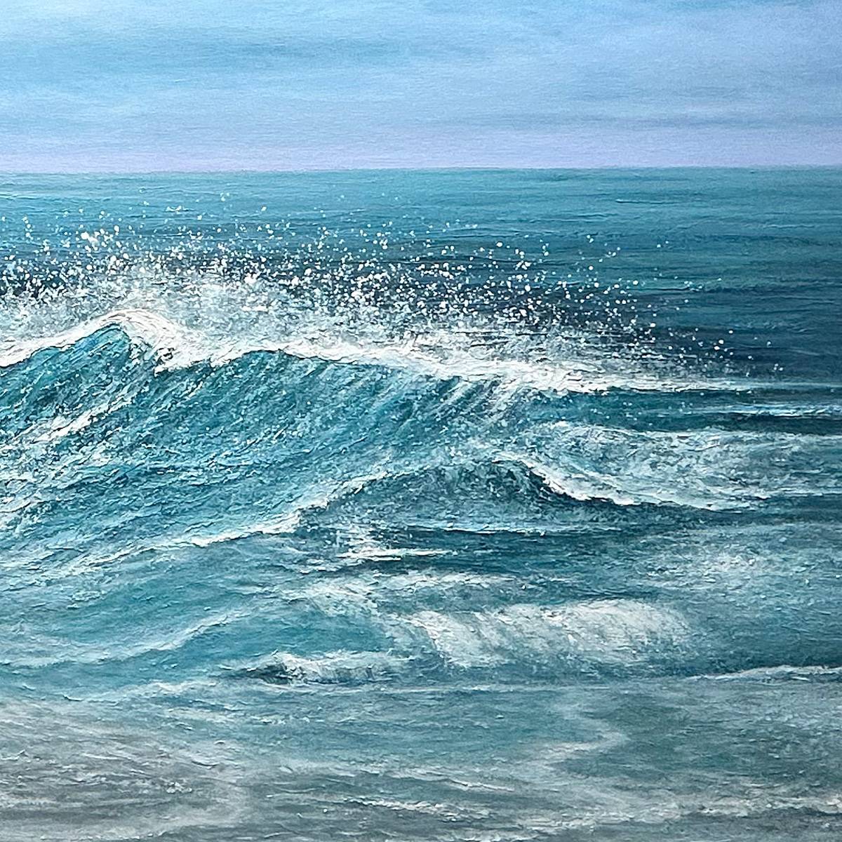 Azure Crests panoramic seascape painting of a crashing ocean wave with white spray, blue water, and sky.