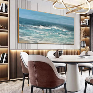Azure Crests panoramic seascape painting of a crashing ocean wave with white spray, blue water, and sky.