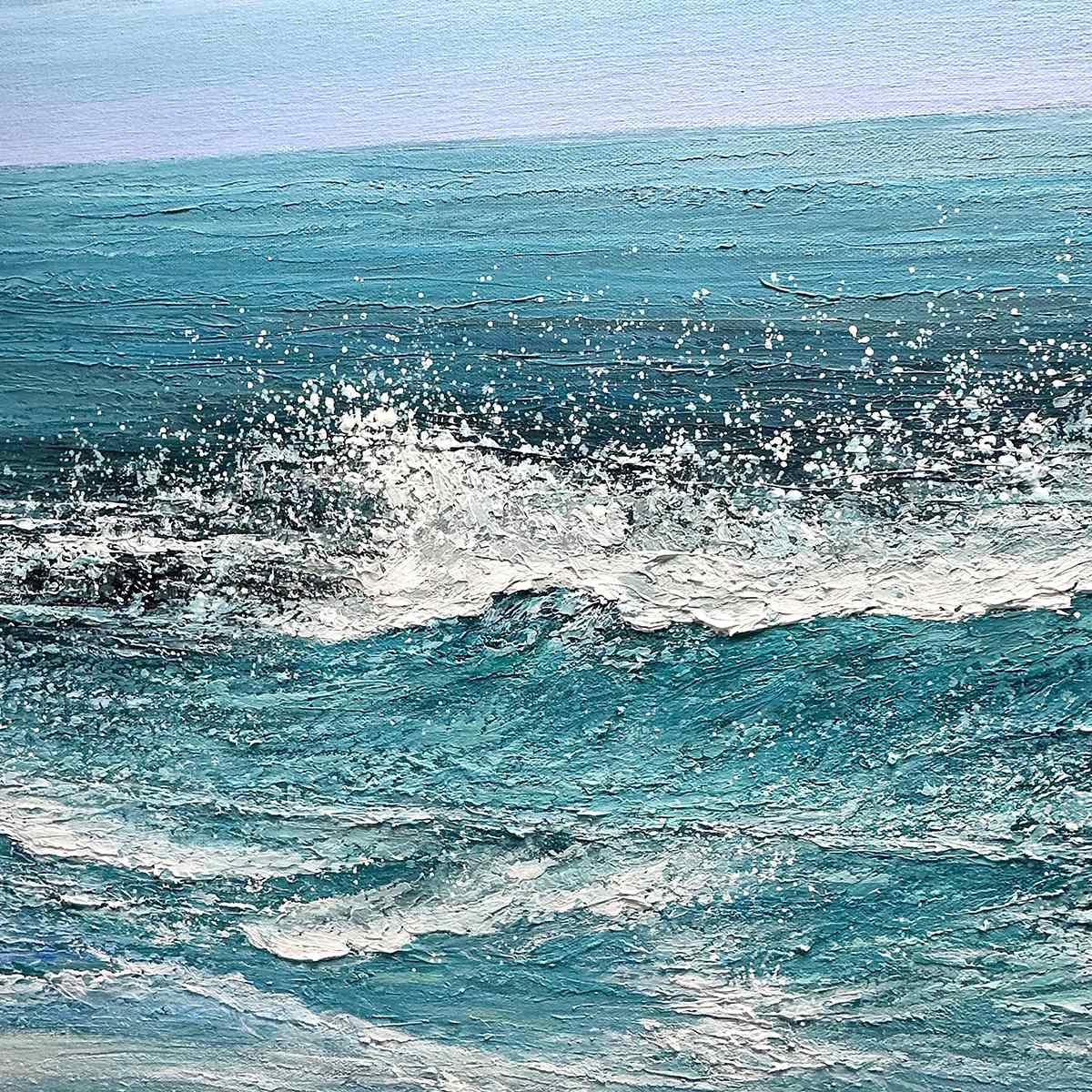 Azure Crests panoramic seascape painting of a crashing ocean wave with white spray, blue water, and sky.