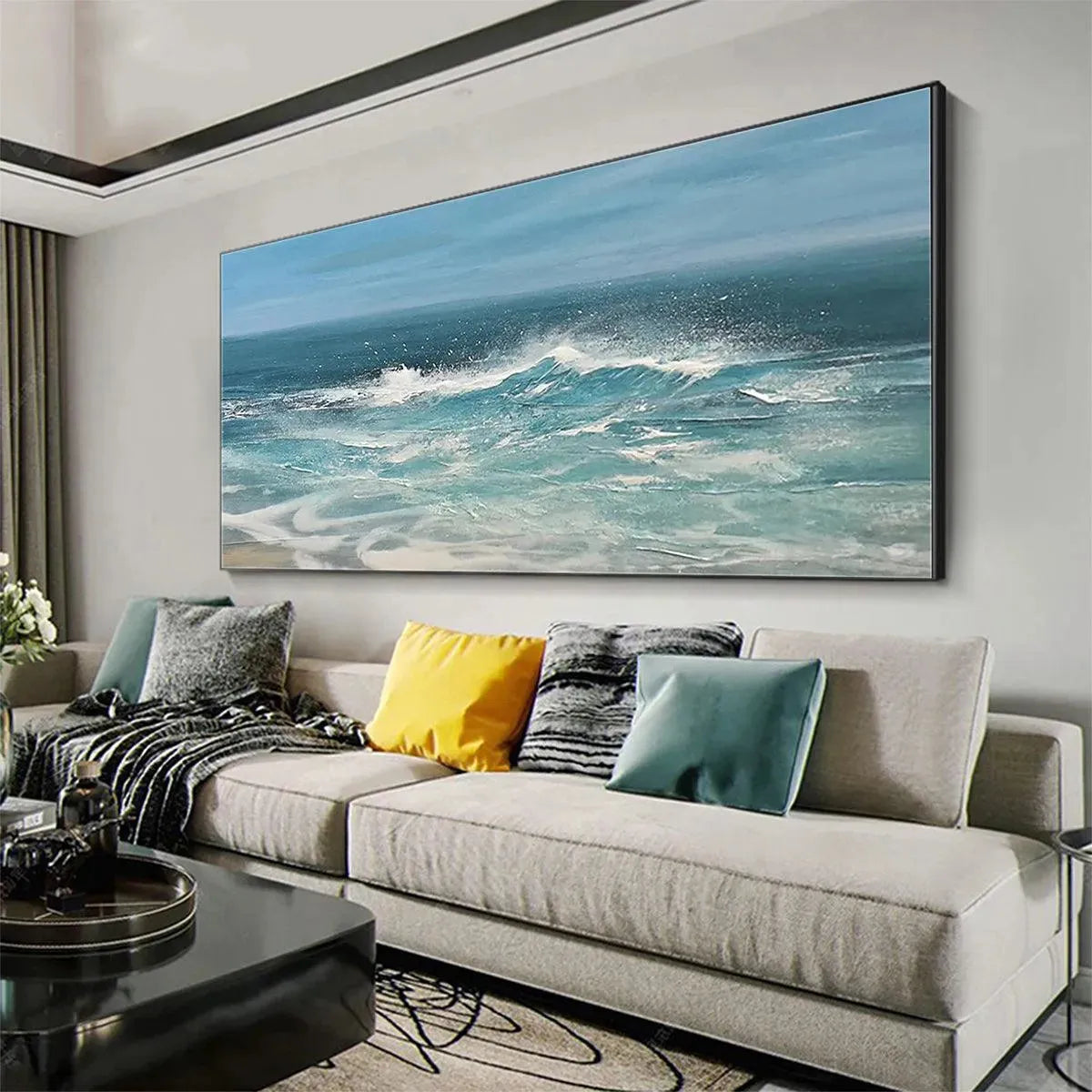 Azure Crests panoramic seascape painting of a crashing ocean wave with white spray, blue water, and sky.