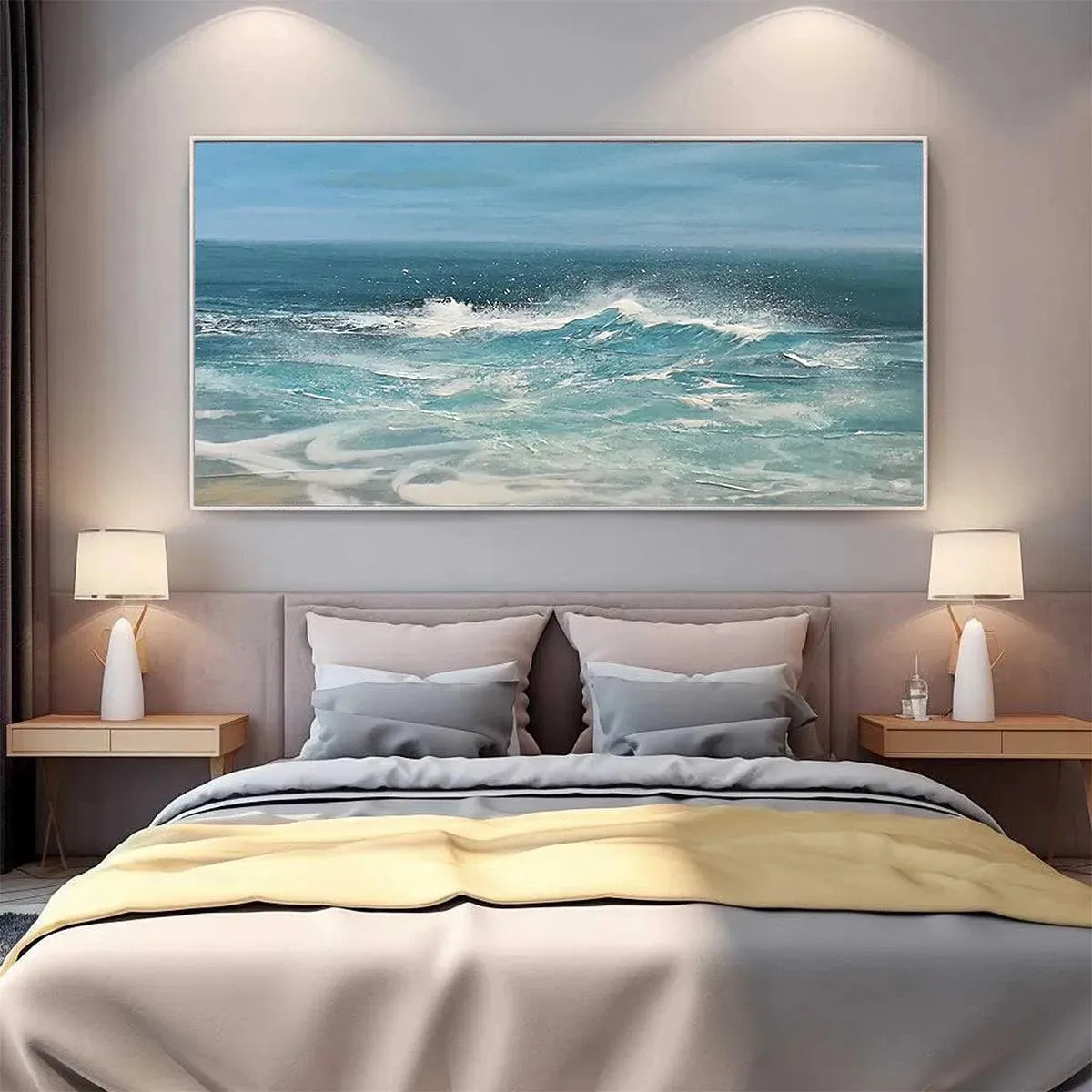 Azure Crests panoramic seascape painting of a crashing ocean wave with white spray, blue water, and sky.