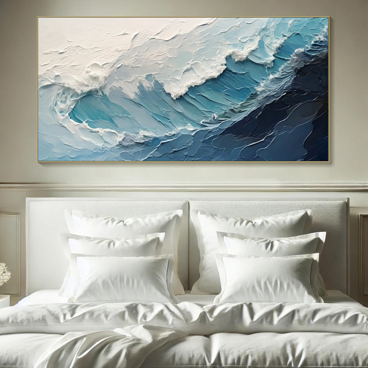 Azure Crest: Ocean Waves Abstract Impasto Oil Painting Canvas Wall Art Decor